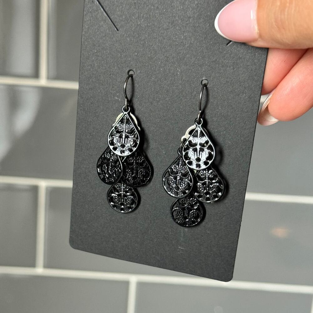 Gunmetal Filigree Chandelier Dangle Earrings Teardrop Cutout Gothic Alt Jewelry